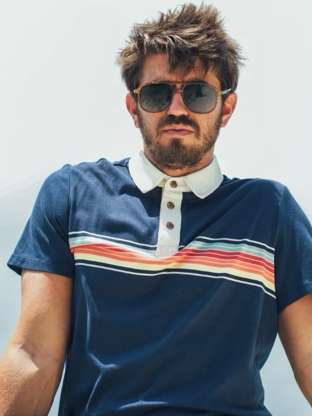 Marine Layer Men's Mens Navy Blue Rainbow Stripe Polo Short Sleeve Shirt Retro S